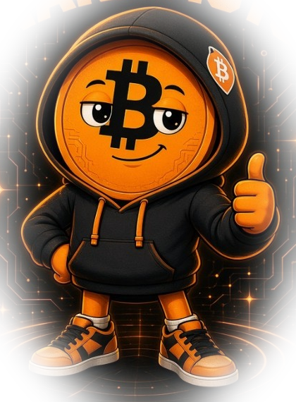 Son of Nakamoto mascot: an orange bitcoin in a black hoodie giving a thumbs up
